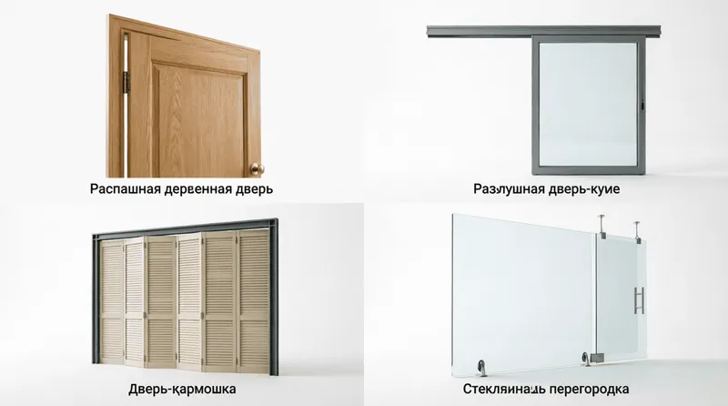 Коллаж из четырех типов дверей для кухни: распашная деревянная, раздвижная купе, дверь-гармошка и стеклянная перегородка