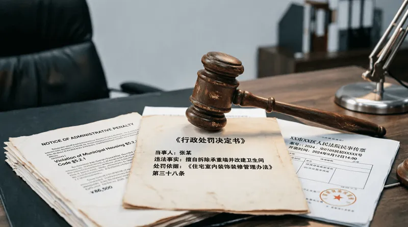 Судебные документы и постановление о штрафе за незаконную перепланировку, судебный молоток на деревянном столе
