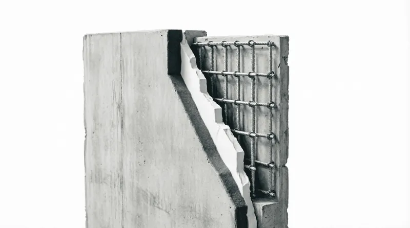 Разрез стены панельного дома с бетонными слоями и металлической арматурной сеткой